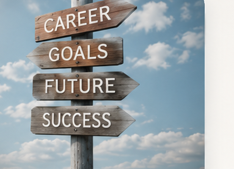 Hình minh họa định hướng nghề nghiệp cá nhân với laptop, lộ trình nghề nghiệp và sổ ghi chú